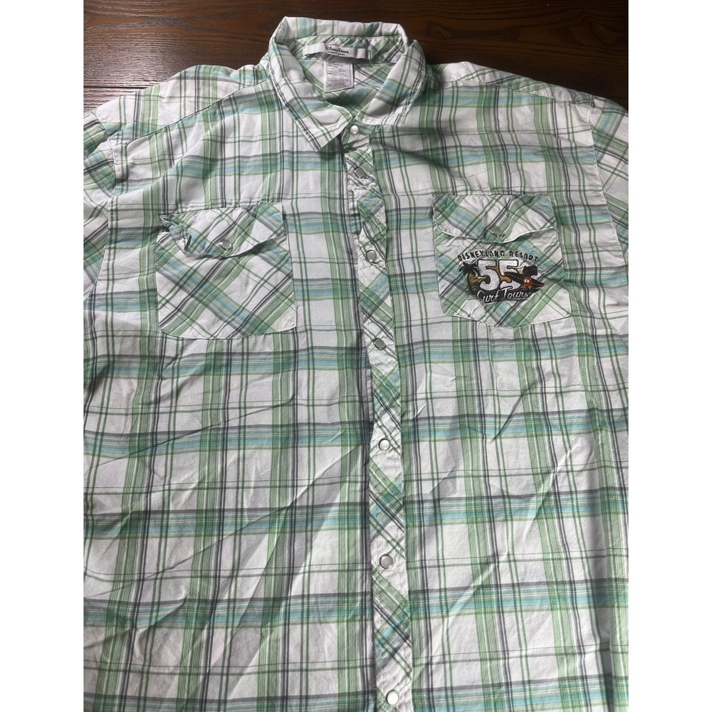 Disney Shirt Mens 2XL Green White Mickey Mouse 55 Surf Tours Plaid Pearl Snap